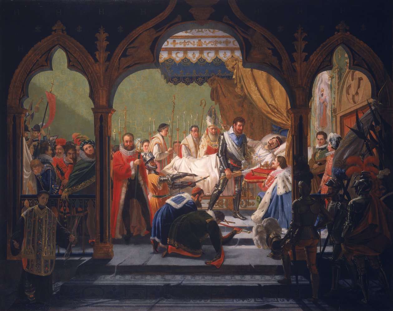 Henryk IV (1553-1610) Otrzymywanie atrybutów monarchii od umierającego Henryka III (1551-1589) 1814 autorstwa Francois Buffet