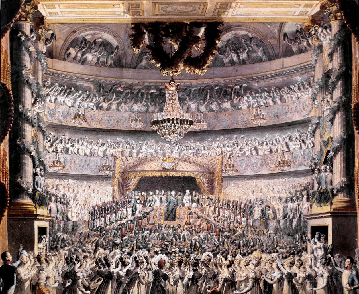 Ludwik XVIII (1755-1824) uczęszcza do teatru Odeon na przyjęciu wydanym przez Gwardię Narodową Paryża w 1819 Rysunek Francois Buffet (1789-1843) Nd. 36x44 cm Wersal, musee du cheau autorstwa Francois Buffet