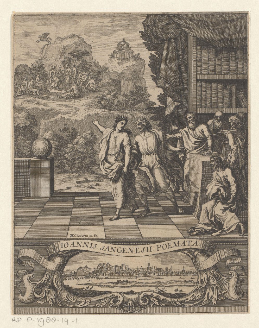 Alegoryczna postać kobieca wskazuje młodzieńcowi górę Parnasu Strona tytułowa dla: Jean de Saint-Genies, Ioannis Sangenesii Poëmata, 1654 autorstwa Francois Chauveau