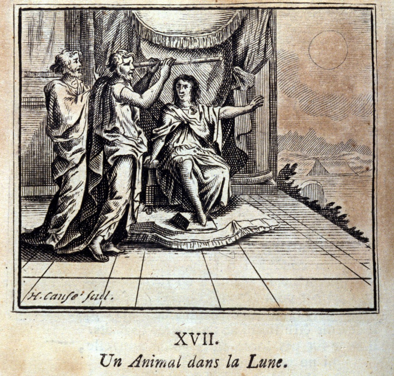 Zwierzę na Księżycu. Bajki Jean de La Fontaine (1621-95). Ilustracja Francois Chauveau (1613-1676). Wydanie z 1728 r. autorstwa Francois Chauveau
