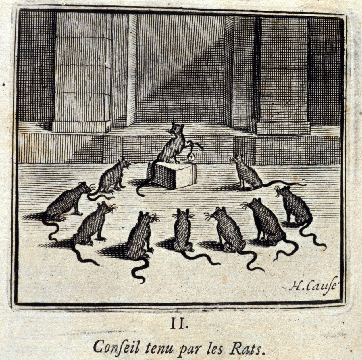 Zarząd trzymany przez Szczury. Bajki Jean de La Fontaine (1621-95). Ilustracja Francois Chauveau (1613-1676). Wydanie z 1728 r. autorstwa Francois Chauveau
