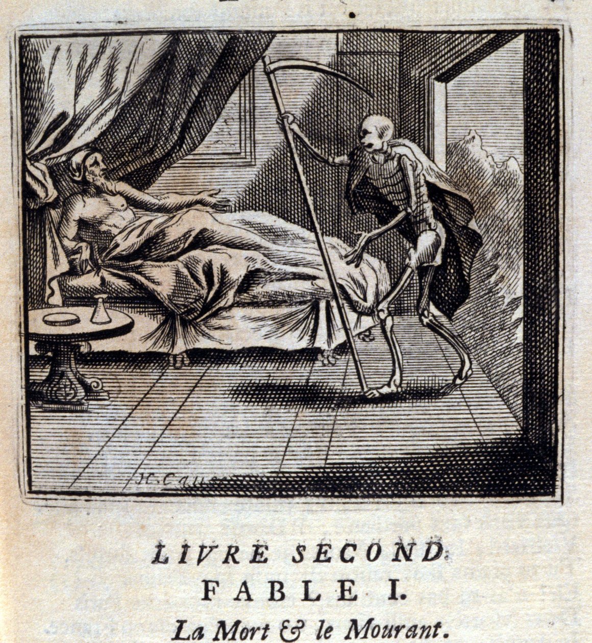 Śmierć i umieranie. Bajki Jean de La Fontaine (1621-95). Ilustracja Francois Chauveau (1613-1676). Wydanie z 1728 r. autorstwa Francois Chauveau