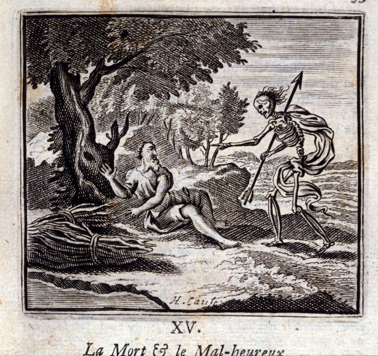 Śmierć i nieszczęśliwi. Bajki Jean de La Fontaine (1621-95). Ilustracja Francois Chauveau (1613-1676). Wydanie z 1728 r. autorstwa Francois Chauveau