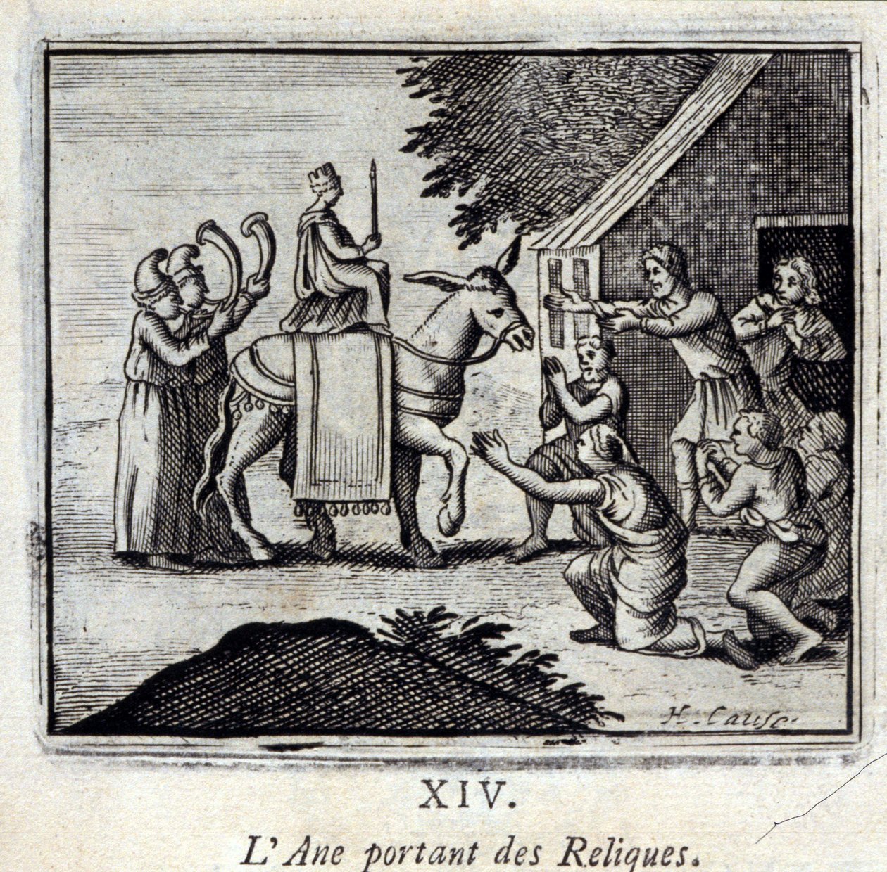 Osioł niosący relikwie. Bajki Jean de La Fontaine (1621-95). Ilustracja autorstwa François Chauveau (1613-1676). Wydanie z 1728 r. autorstwa Francois Chauveau