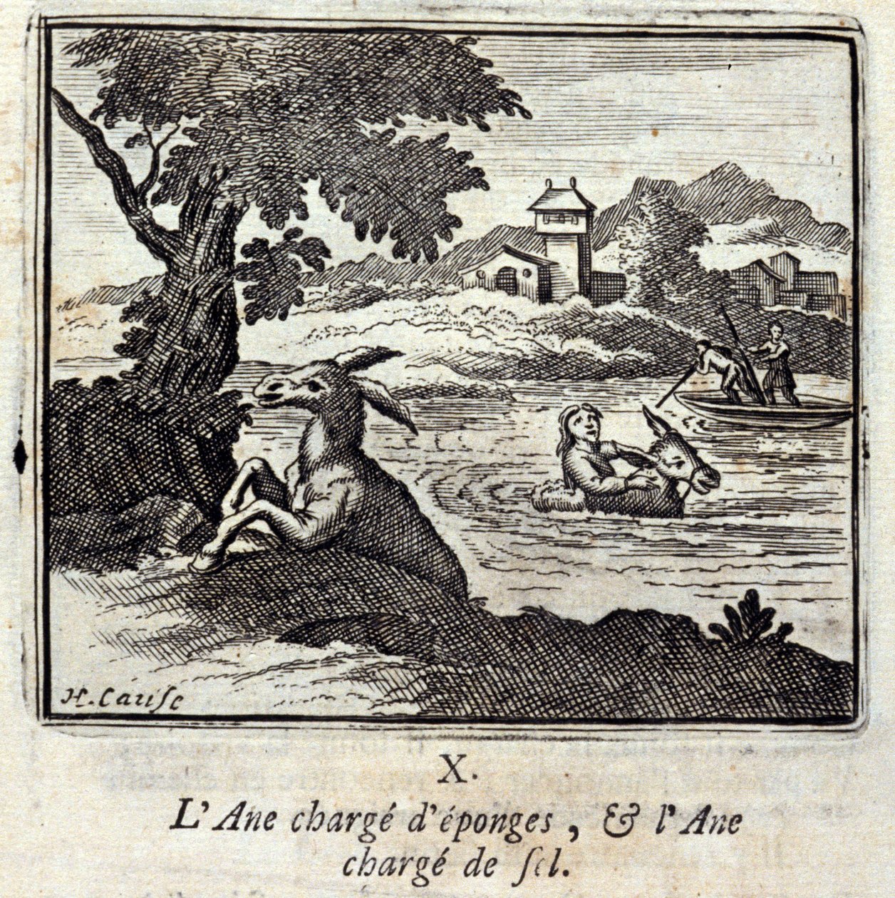 Osioł mnóstwo gąbek i osioł mnóstwo soli. Bajki Jean de La Fontaine (1621-95). Ilustracja autorstwa François Chauveau (1613-1676). Wydanie z 1728 r. autorstwa Francois Chauveau