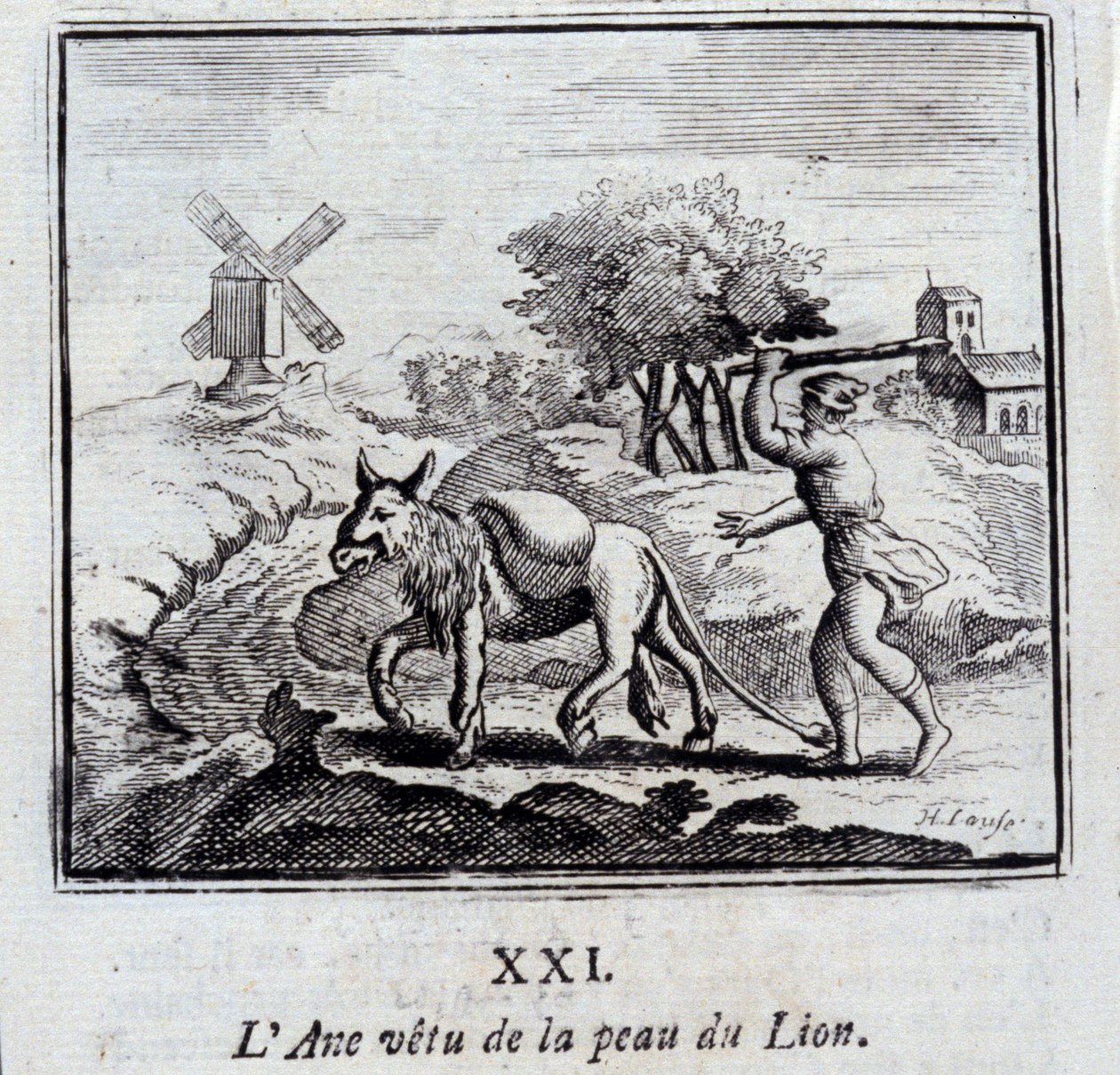 Osioł noszący skórę lwa. Bajki Jean de La Fontaine (1621-95). Ilustracja François Chauveau (1613-1676). Wydanie z 1728 r. autorstwa Francois Chauveau
