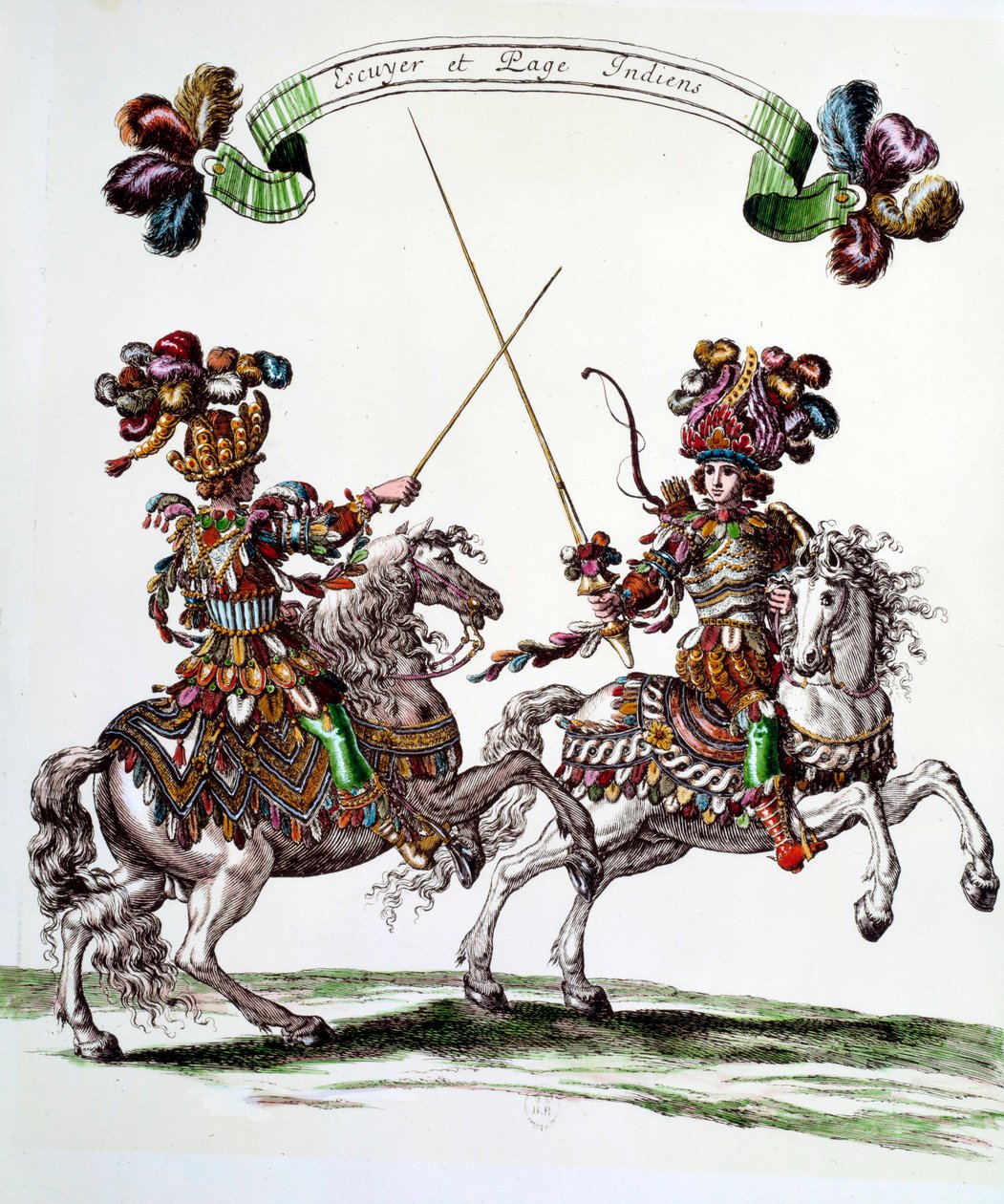 Indian Ecuyer i strona podczas karuzeli podarowanej przez króla Ludwika XIV (1638-1715) w 1662 r. Tuileries z okazji narodzin delfina. Grawer autorstwa Francois Chauveau (1613-1676) XVII-wieczna kolekcja prywatna autorstwa Francois Chauveau