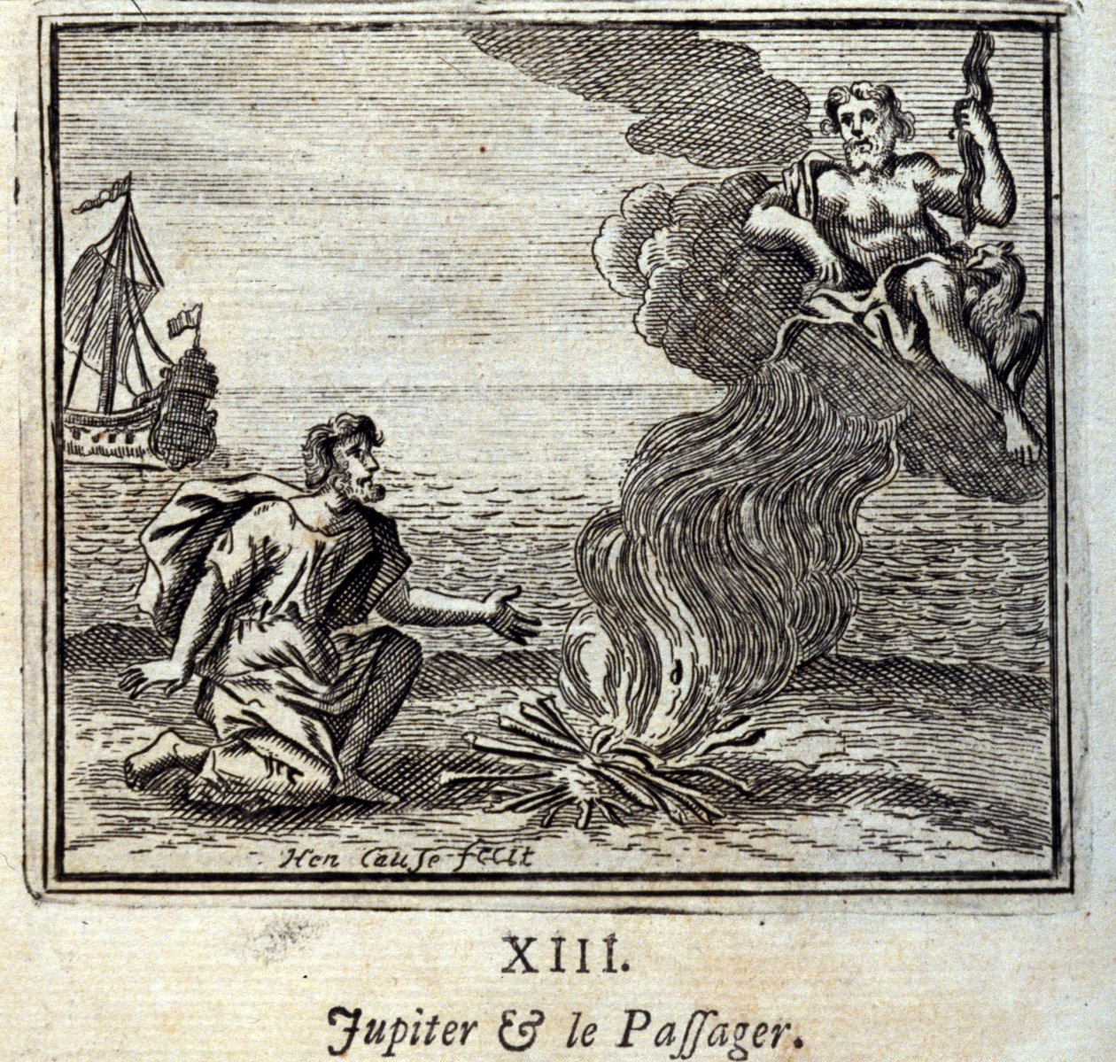 Jowisz i Pasażer. Bajki Jean de La Fontaine (1621-95). Ilustracja Francois Chauveau (1613-1676). Wydanie z 1728 r. autorstwa Francois Chauveau