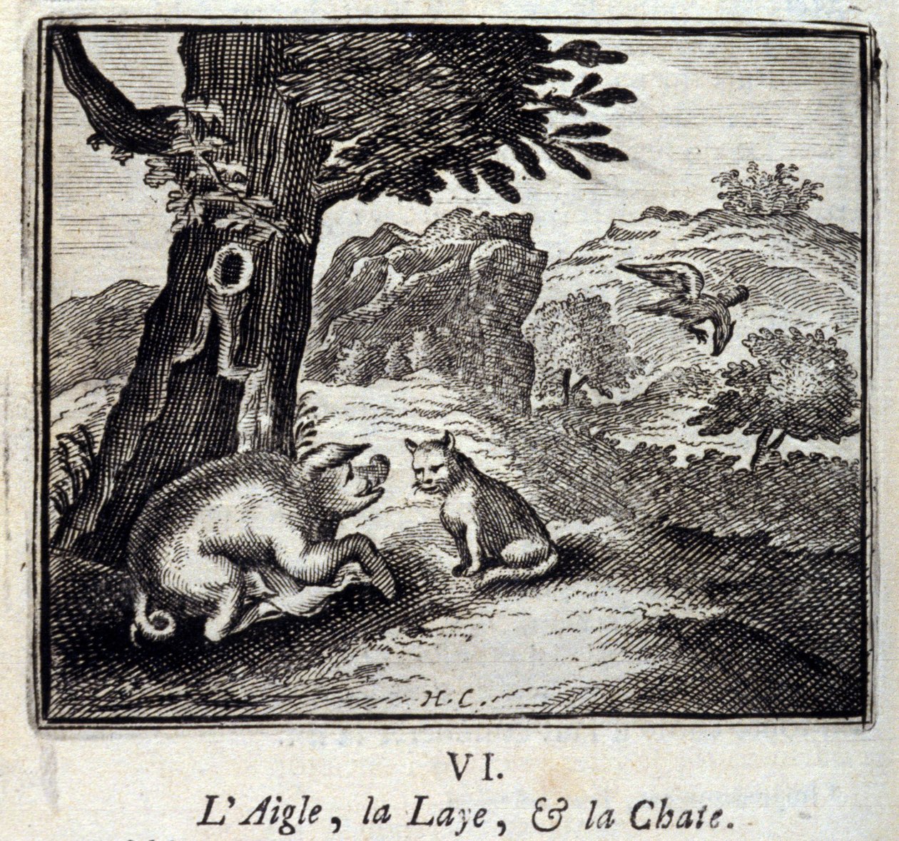 Orzeł Laie and the Cat Bajki Jean de La Fontaine (1621-95). Ilustracja Francois Chauveau (1613-1676). Wydanie z 1728 r. autorstwa Francois Chauveau