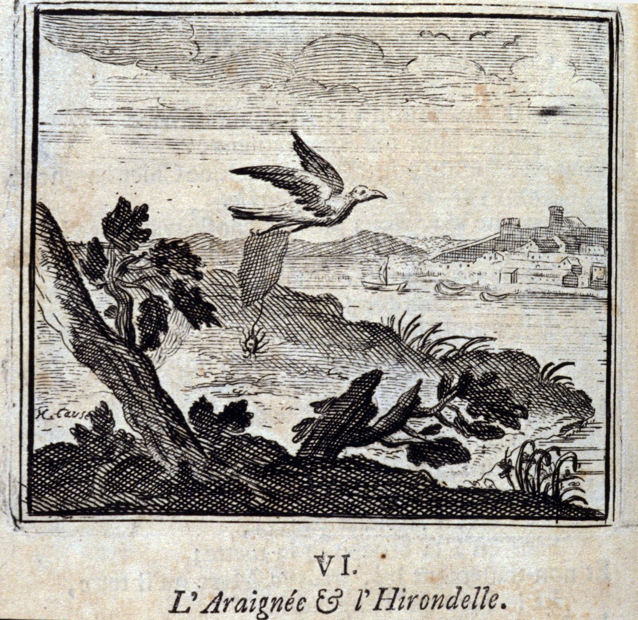 Pająk i jaskółka Bajki Jean de La Fontaine (1621-95). Ilustracja François Chauveau (1613-1676). Wydanie z 1728 r. autorstwa Francois Chauveau