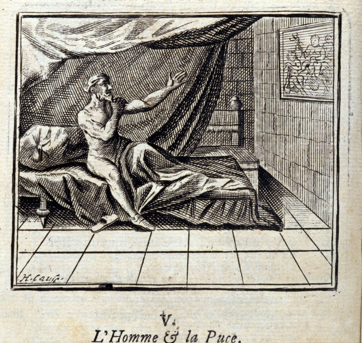 Człowiek i pchła. Bajki Jean de La Fontaine (1621-95). Ilustracja Francois Chauveau (1613-1676). Wydanie z 1728 r. autorstwa Francois Chauveau
