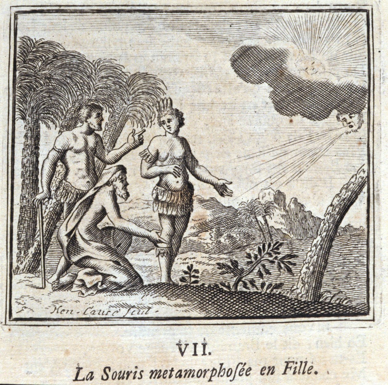 La Souris przemienił się w dziewczynę. Bajki Jeana de La Fontaine (1621-95). Ilustracja François Chauveau (1613-1676). Wydanie z 1728 r. autorstwa Francois Chauveau