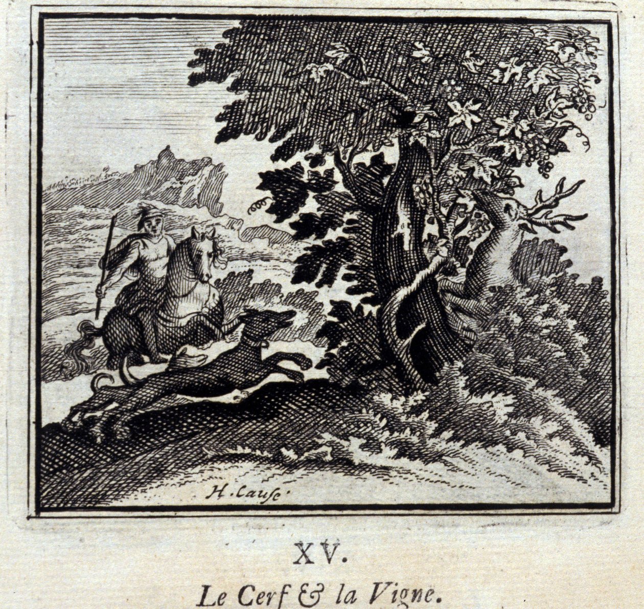 Jeleń i winorośl Bajki Jean de La Fontaine (1621-95). Ilustracja François Chauveau (1613-1676). Wydanie z 1728 r. autorstwa Francois Chauveau