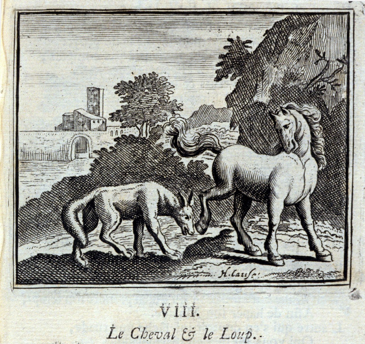 Koń i wilk Bajki Jean de La Fontaine (1621-95). Ilustracja François Chauveau (1613-1676). Wydanie z 1728 r. autorstwa Francois Chauveau