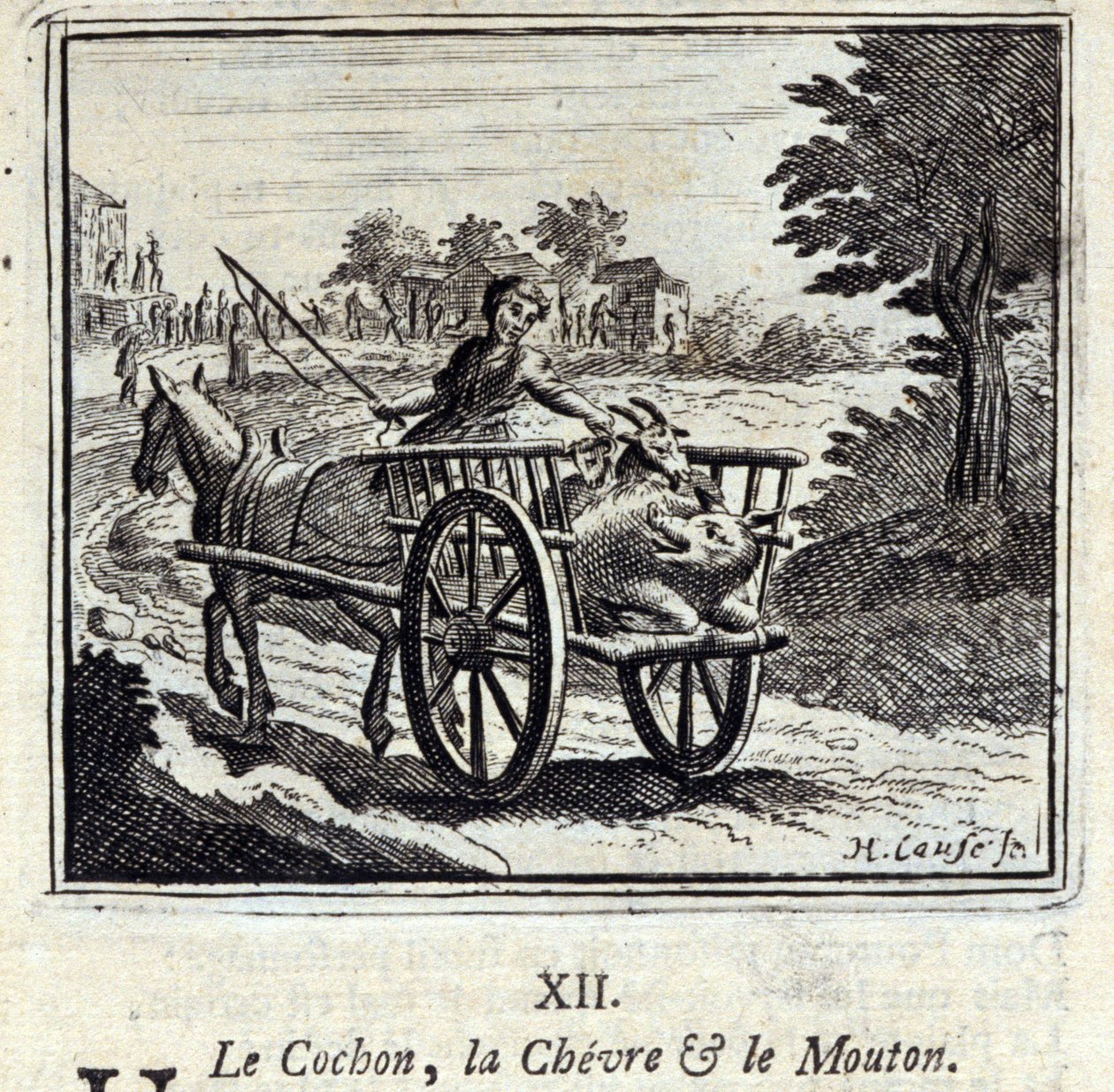 Świnia Koza i Mut.Bajki Jean de La Fontaine (1621-95). Ilustracja Francois Chauveau (1613-1676). Wydanie z 1728 r. autorstwa Francois Chauveau
