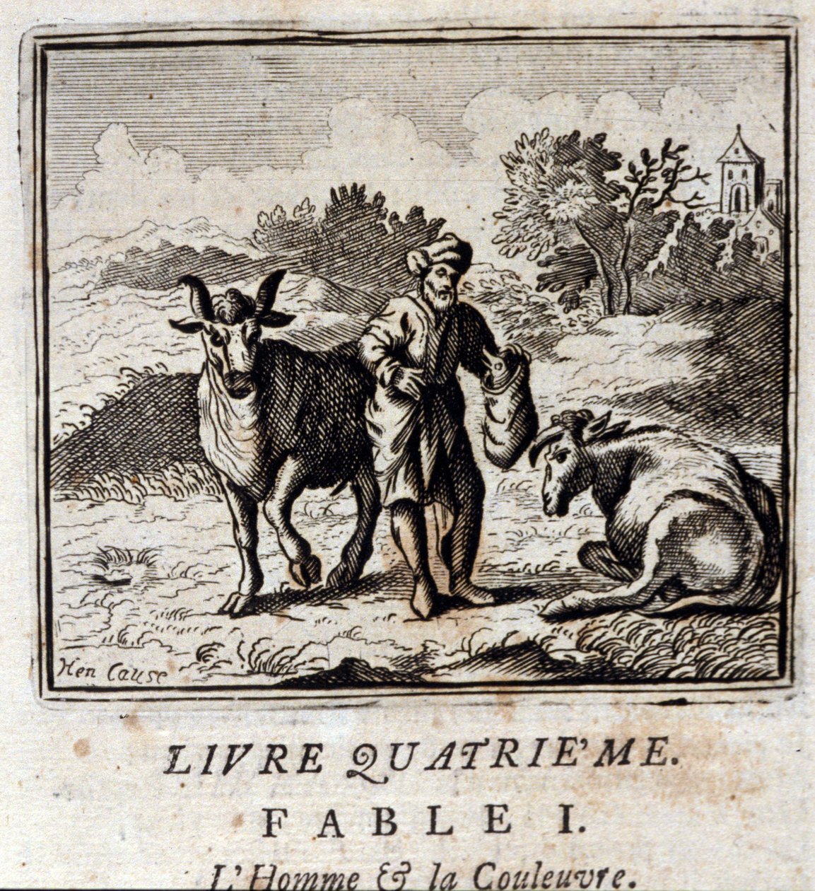 Człowiek i wąż. Bajki Jean de La Fontaine (1621-95). Ilustracja Francois Chauveau (1613-1676). Wydanie z 1728 r. autorstwa Francois Chauveau