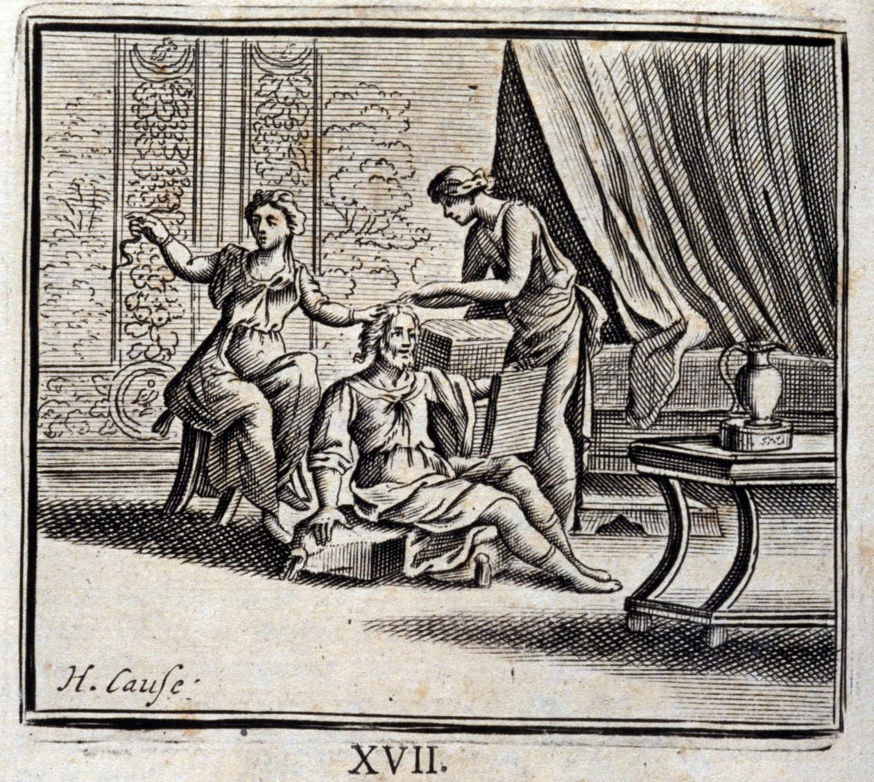 Mężczyzna w wieku od dwóch do dwóch kochanek. Bajki Jean de La Fontaine (1621-95). Ilustracja Francois Chauveau (1613-1676). Wydanie z 1728 r. autorstwa Francois Chauveau