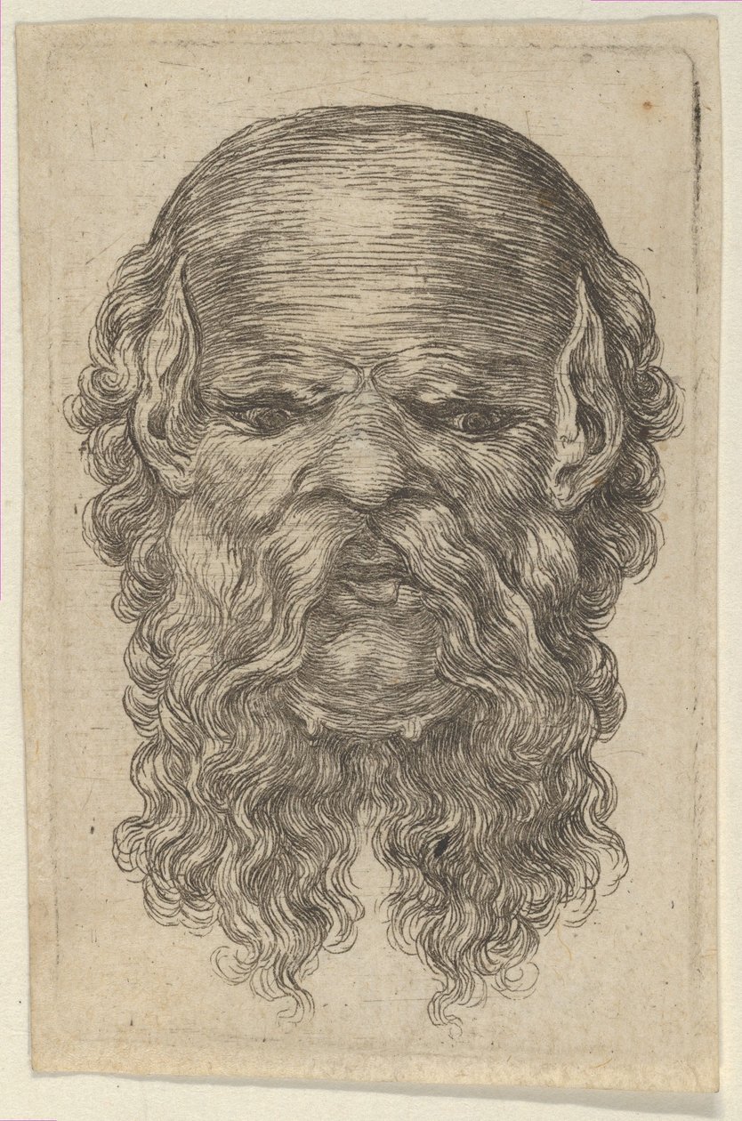 Maska łysego mężczyzny ze spiczastymi uszami i długą, rozchyloną brodą, z Divers Masques, ca. 1635-45. autorstwa Francois Chauveau