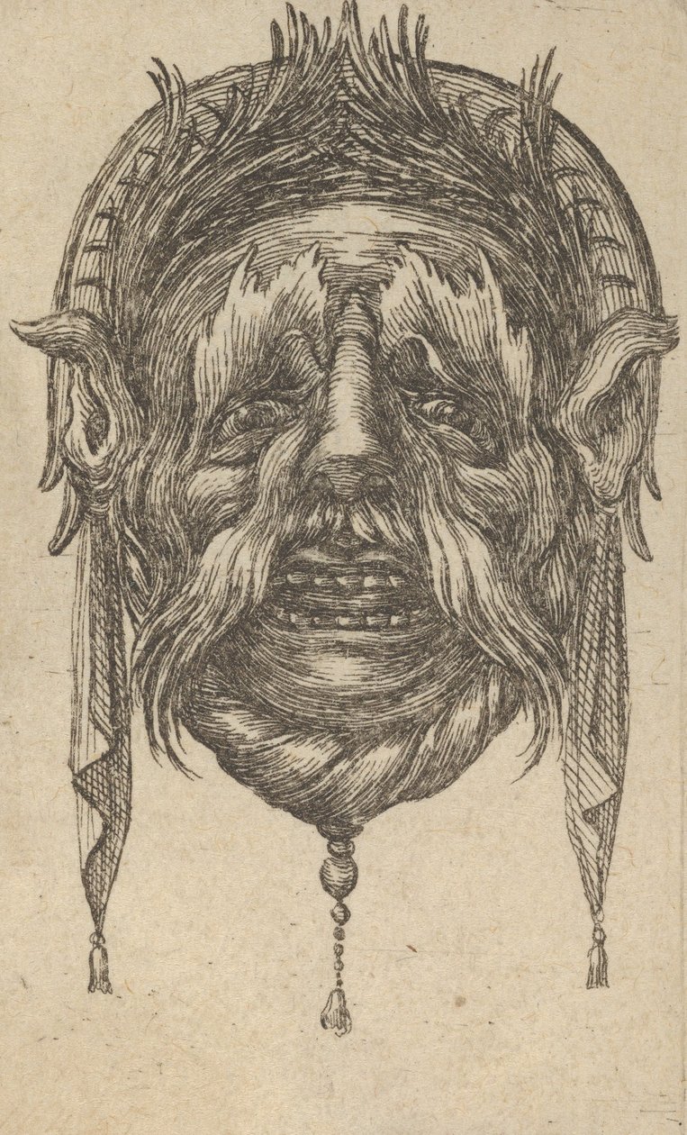 Maska z długimi brwiami i wąsami oraz nakryciem głowy ze zwisającą szmatką, z Dive..., ca. 1635-45. autorstwa Francois Chauveau