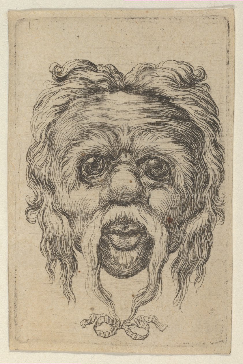 Maska z długim wąsem przewiązana wstążką pod brodą, z Divers Masques, ca. 1635-45. autorstwa Francois Chauveau