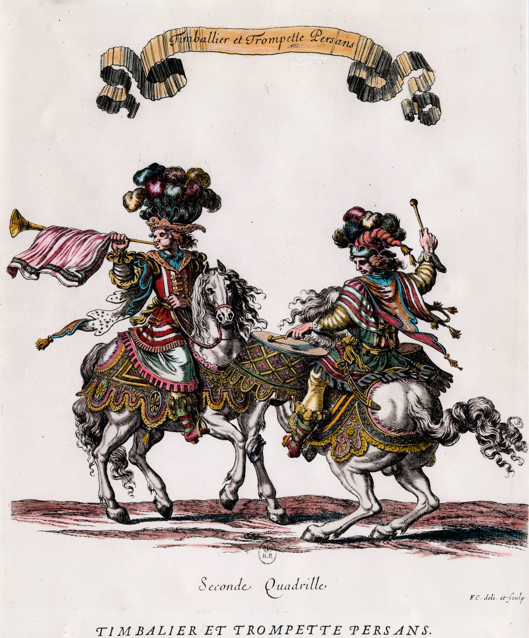 Perski timbalier i trąbka podczas karuzeli podarowanej przez króla Ludwika XIV (1639-1715) Rycina Francois Chauveau (1613-1676) ok. 1662 Ze zbiorów prywatnych autorstwa Francois Chauveau