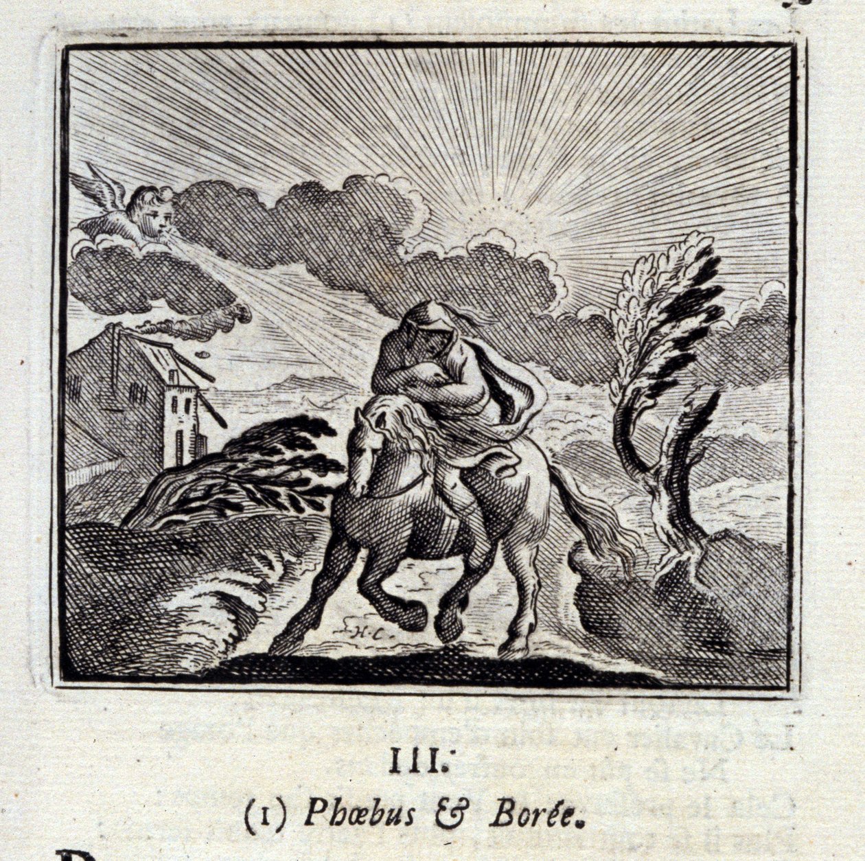 Phebus i Boree. Bajki Jean de La Fontaine (1621-95). Ilustracja Francois Chauveau (1613-1676). Wydanie z 1728 r. autorstwa Francois Chauveau