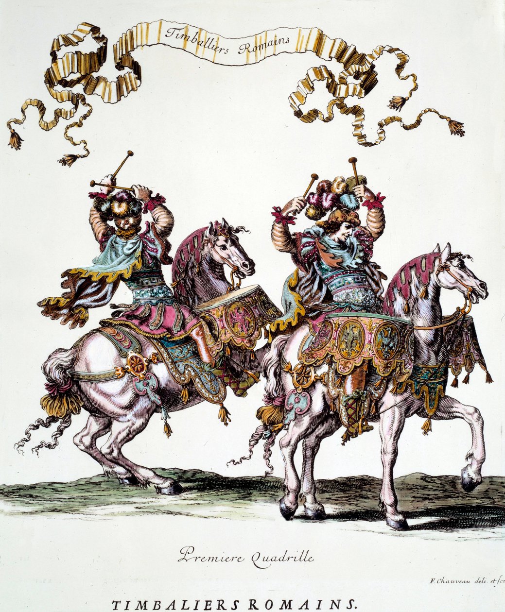 Timbalierzy rzymscy podczas karuzeli podarowanej przez króla Ludwika XIV (1638-1715) w 1662 r. Grawer Francois Chauveau (1613-1676) XVII-wieczna kolekcja prywatna autorstwa Francois Chauveau