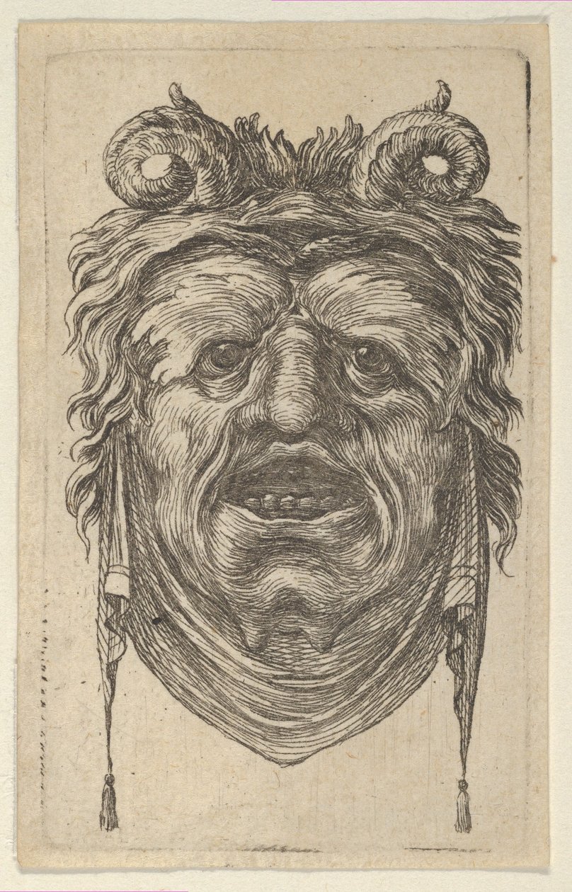 Maska Satyra z zakręconymi rogami, ulistnionymi brwiami i chusteczką wiszącą pod brodą, ca. 1635-45. autorstwa Francois Chauveau