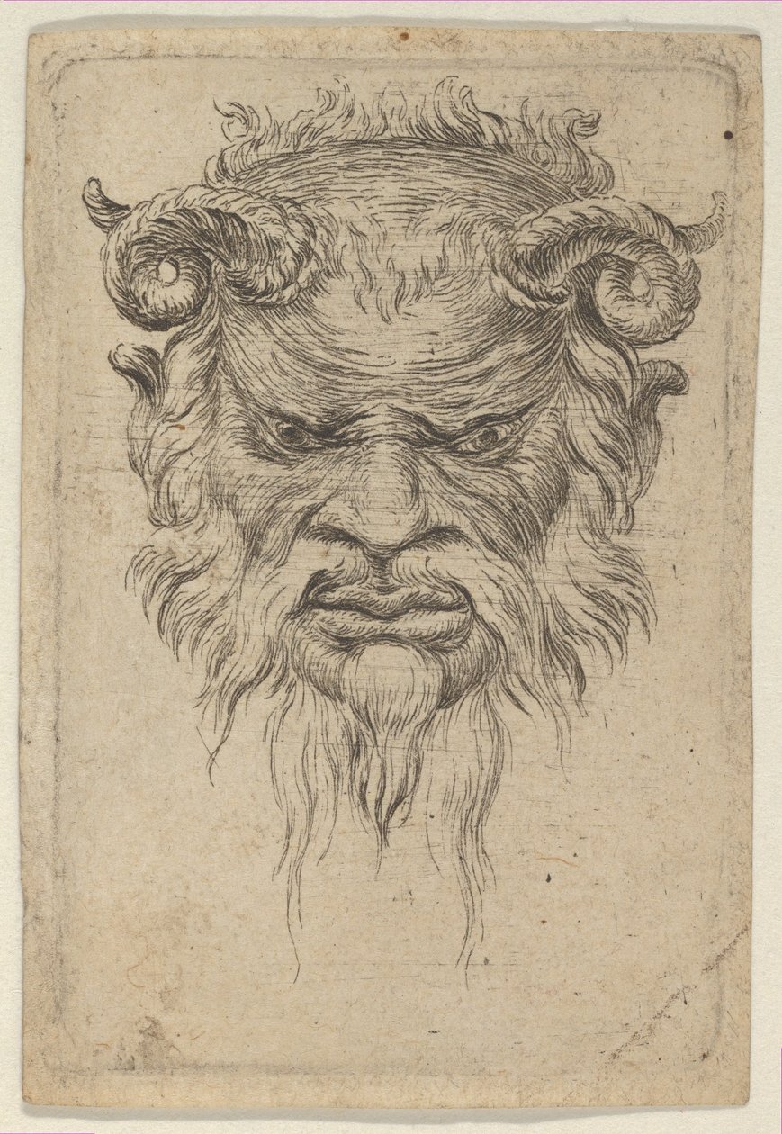 Maska Satyra z zakręconymi rogami patrzącymi w dół, z Divers Masques, ca. 1635-45. autorstwa Francois Chauveau
