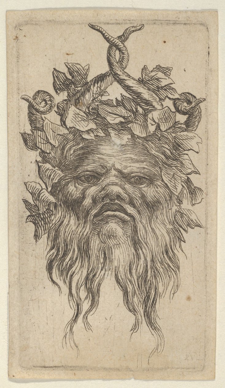 Maska Satyra z haczykowatymi rogami i bluszczowym wieńcem, z Divers Masques, ca. 1635-45. autorstwa Francois Chauveau