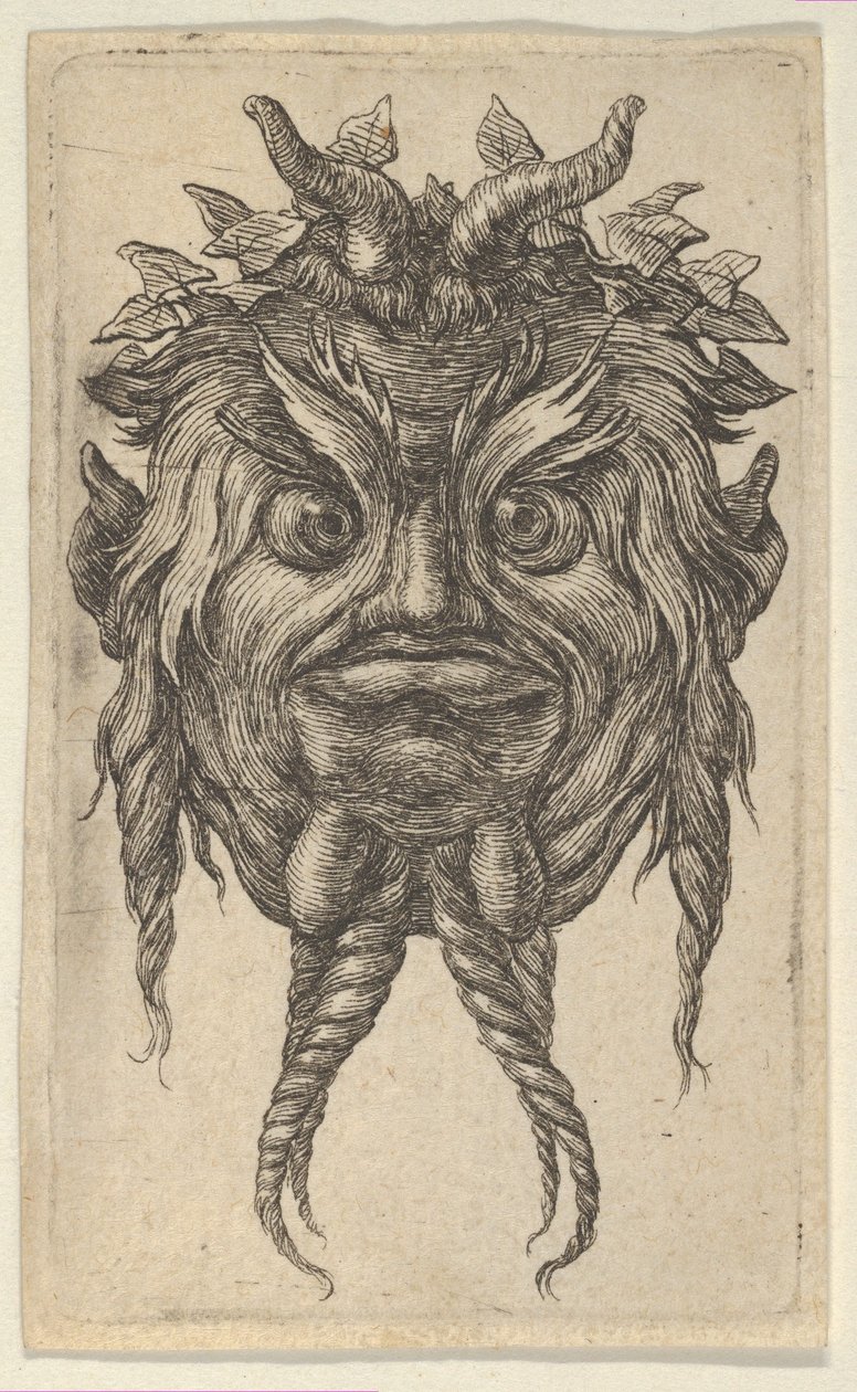 Maska Satyra z rogami i skręconą brodą w bluszczowym wieńcu, z Divers Masque..., ca. 1635-45. autorstwa Francois Chauveau