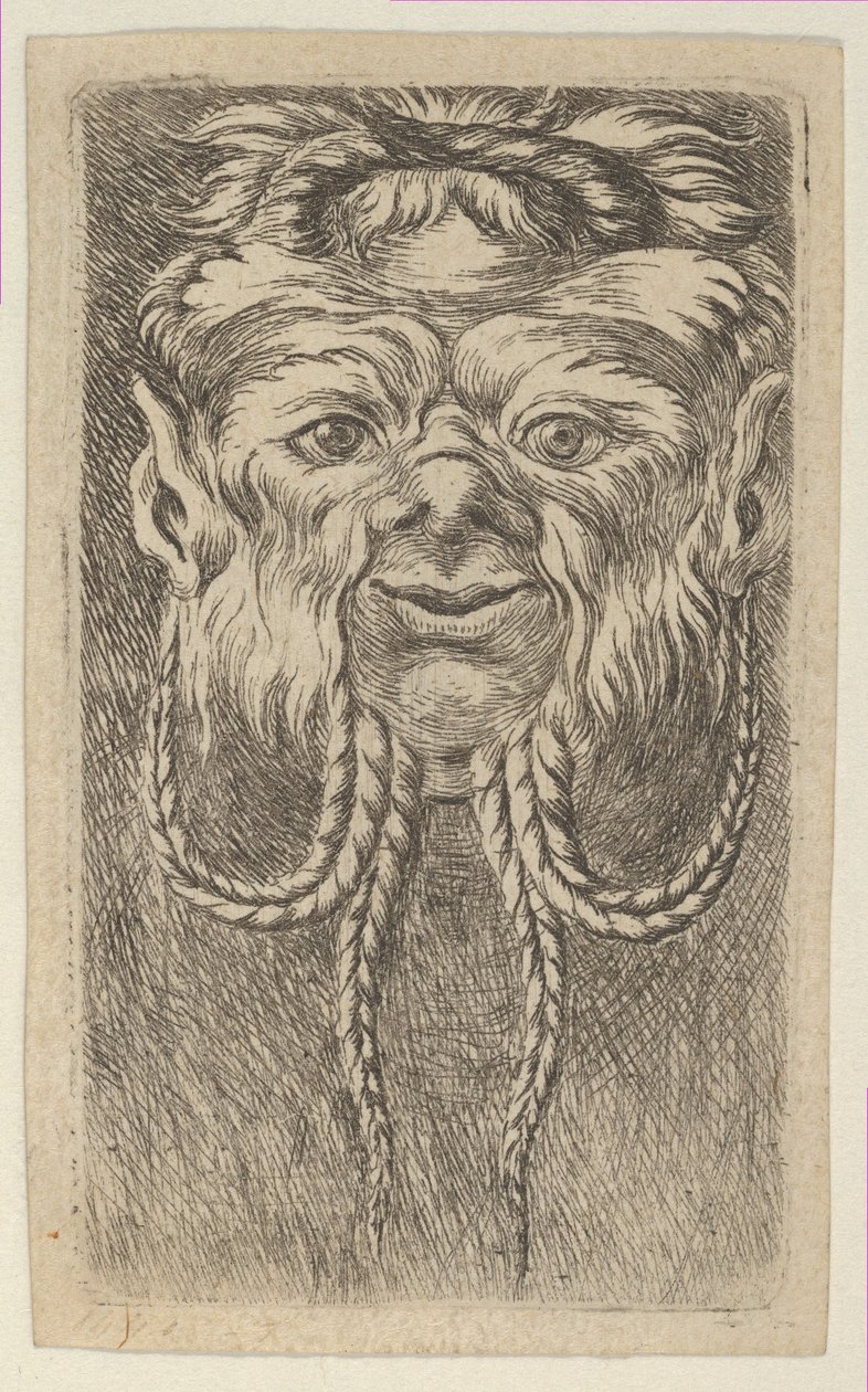 Maska Satyra z nakładającymi się rogami i czterema splecionymi pasmami brody, od Divers Ma..., ca. 1635-45. autorstwa Francois Chauveau
