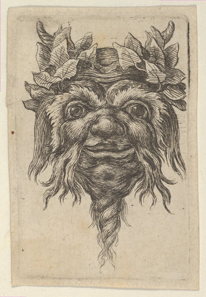 Maska Satyra z brodą w kształcie spirali i bluszczem zgrupowanym wokół każdego rogu, od Divers..., ca. 1635-45. autorstwa Francois Chauveau