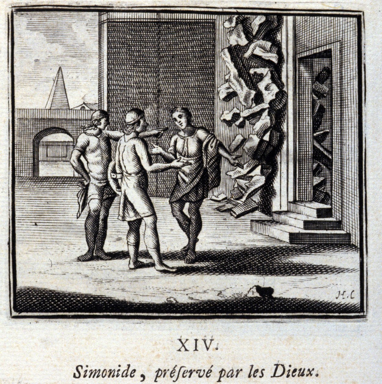 Simonides chronią bogów. Bajki Jean de La Fontaine (1621-95). Ilustracja Francois Chauveau (1613-1676). Wydanie z 1728 r. autorstwa Francois Chauveau