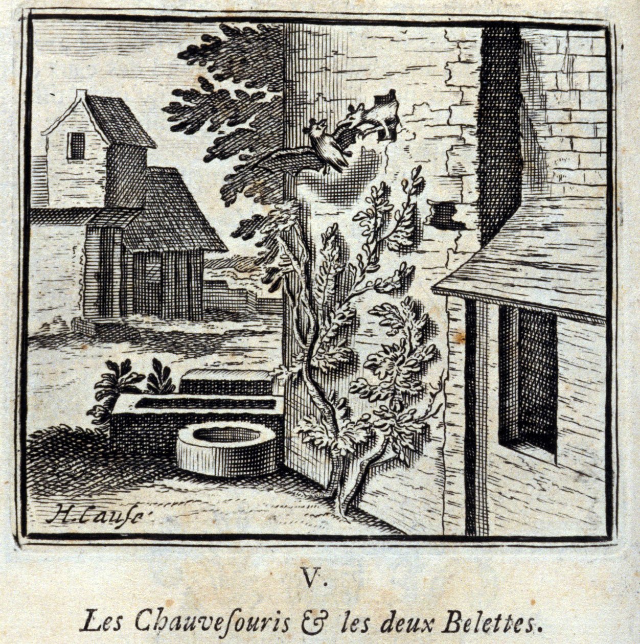 Nietoperz i dwie Łasice. Bajki Jean de La Fontaine (1621-95). Ilustracja autorstwa François Chauveau (1613-1676). Wydanie z 1728 r. autorstwa Francois Chauveau