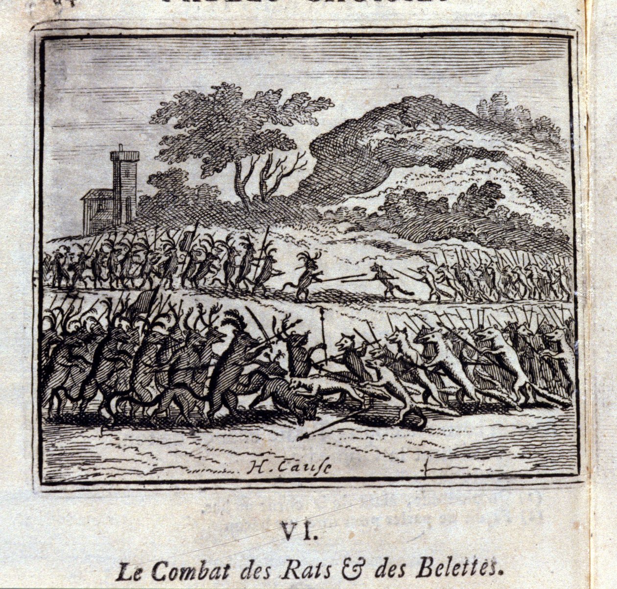 Bitwa szczurów i łasic. Bajki Jean de La Fontaine (1621-95). Ilustracja autorstwa François Chauveau (1613-1676). Wydanie z 1728 r. autorstwa Francois Chauveau