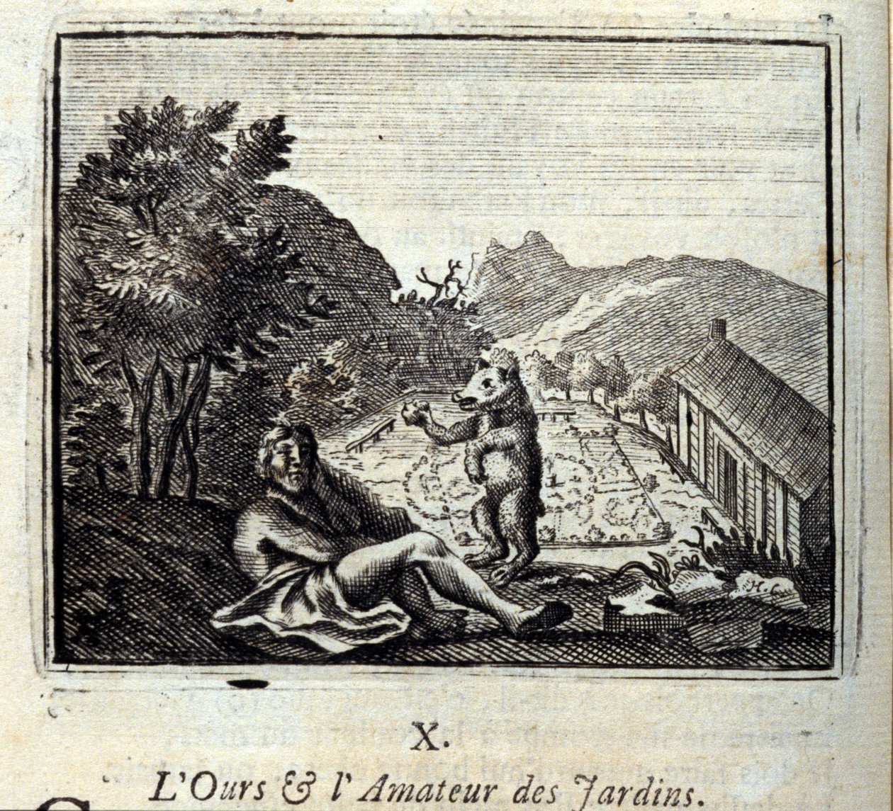 Niedźwiedź i miłośnik ogrodu. Bajki Jean de La Fontaine (1621-95). Ilustracja autorstwa François Chauveau (1613-1676). Wydanie z 1728 r. autorstwa Francois Chauveau