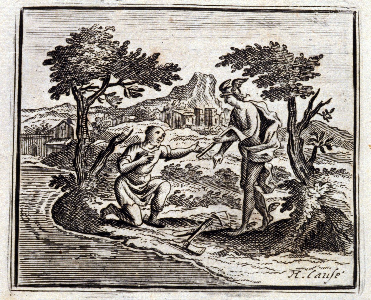 Bucheron i Merkury. Bajki Jean de La Fontaine (1621-95). Ilustracja Francois Chauveau (1613-1676). Wydanie z 1728 r. autorstwa Francois Chauveau