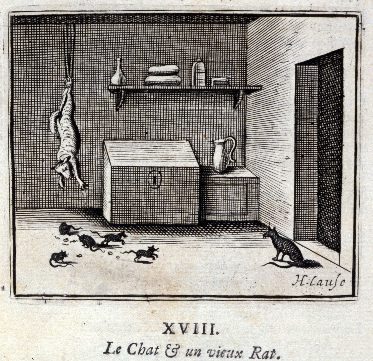 Kot i stary szczur. Bajki Jean de La Fontaine (1621-95). Ilustracja Francois Chauveau (1613-1676). Wydanie z 1728 r. autorstwa Francois Chauveau