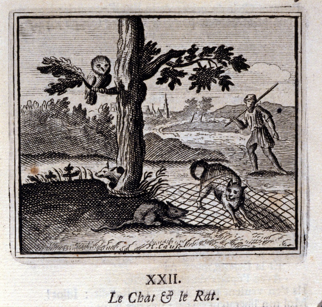 Kot i szczur. Bajki Jean de La Fontaine (1621-95). Ilustracja Francois Chauveau (1613-1676). Wydanie z 1728 r. autorstwa Francois Chauveau