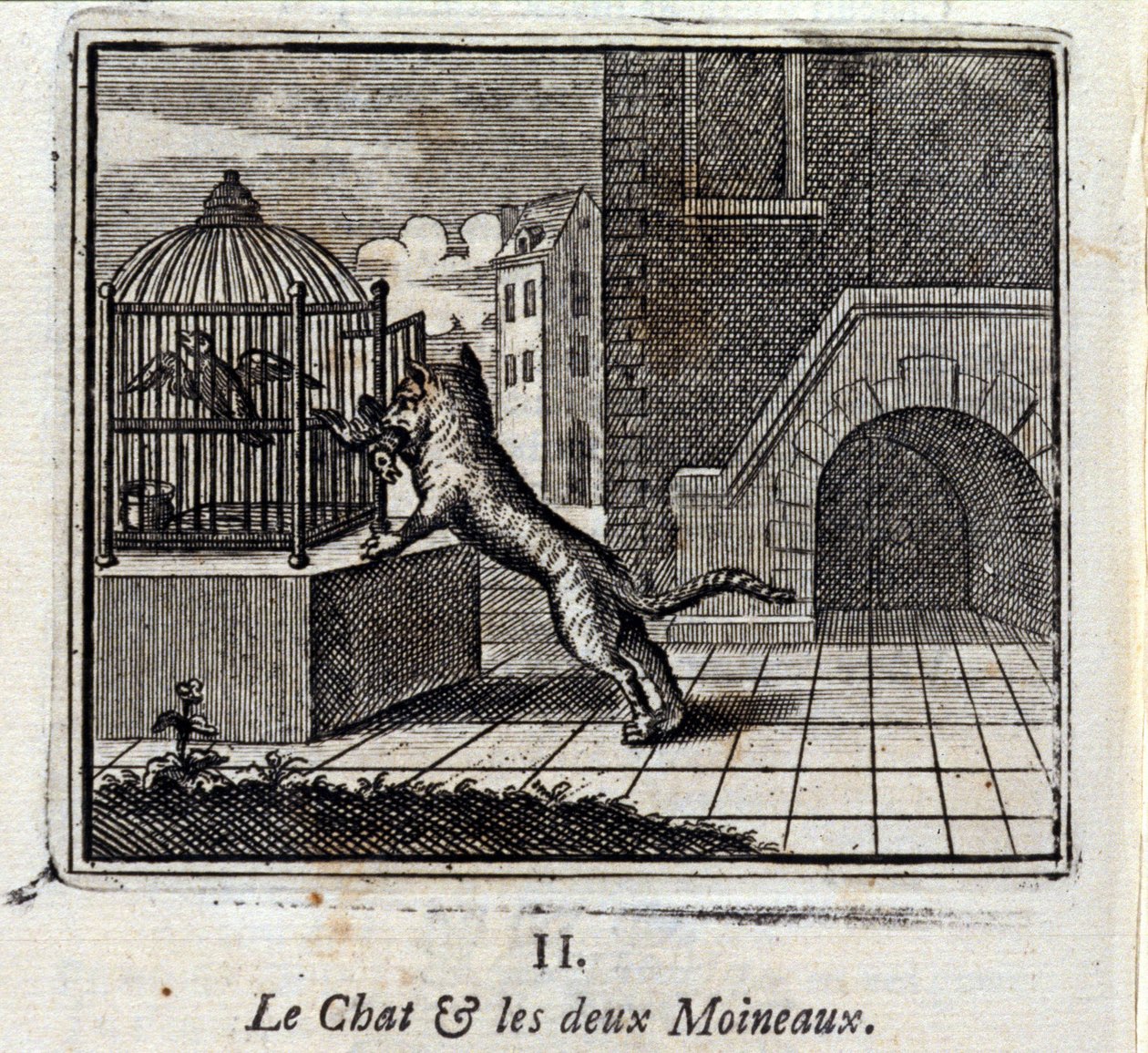 Kot i dwa wróble. Bajki Jean de La Fontaine (1621-95). Ilustracja François Chauveau (1613-1676). Wydanie z 1728 r. autorstwa Francois Chauveau