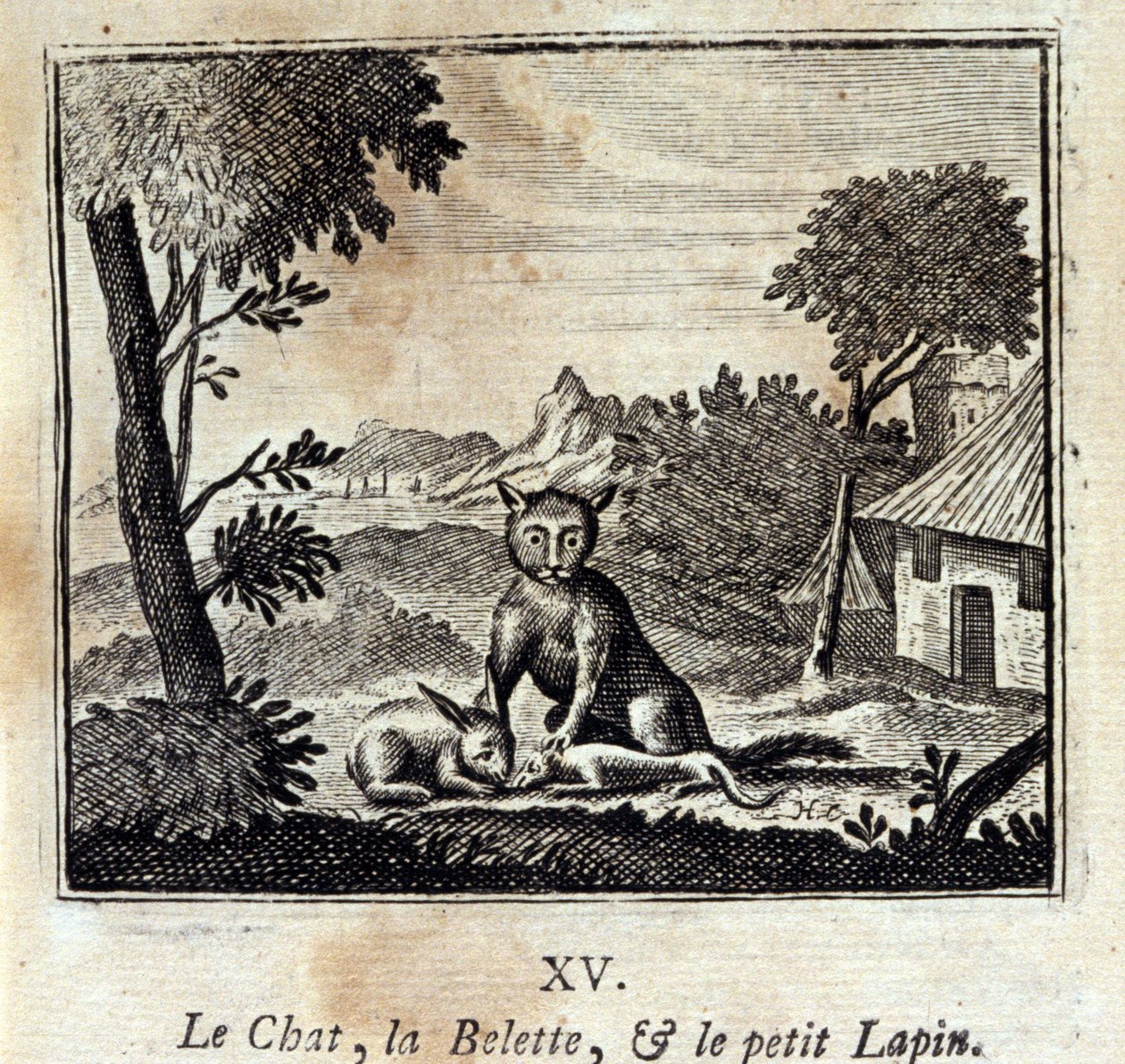 Kot, łasica i mały królik. Bajki Jean de La Fontaine (1621-95). Ilustracja François Chauveau (1613-1676). Wydanie z 1728 r. autorstwa Francois Chauveau