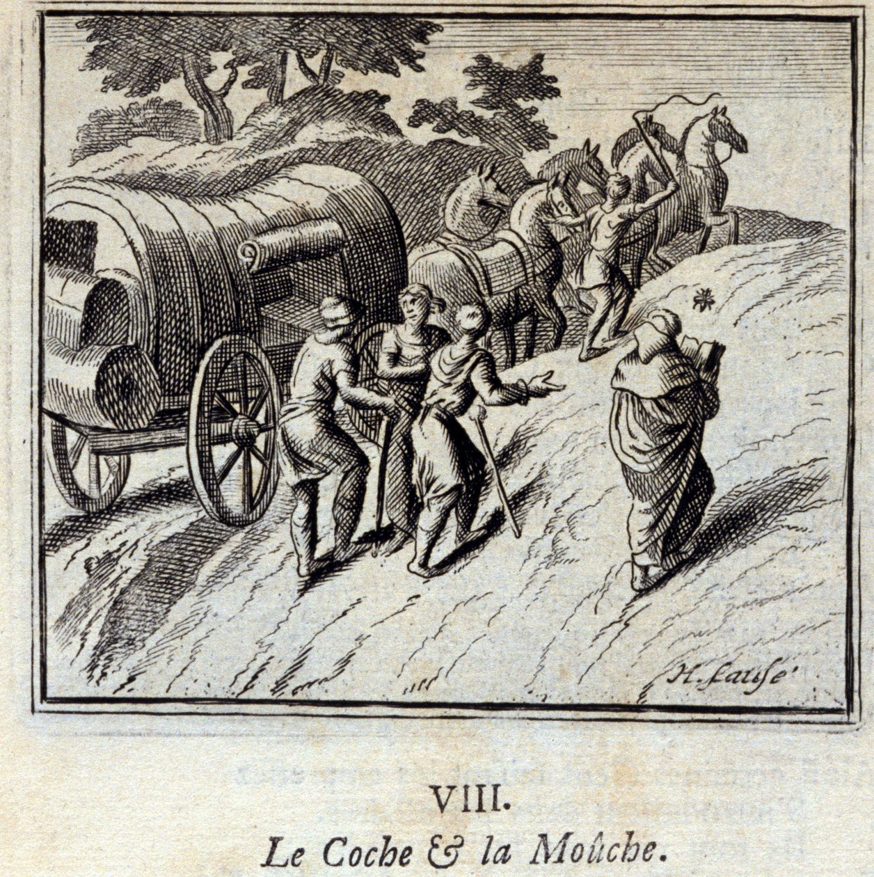 Coche i mucha. Bajki Jean de La Fontaine (1621-95). Ilustracja Francois Chauveau (1613-1676). Wydanie z 1728 r. autorstwa Francois Chauveau