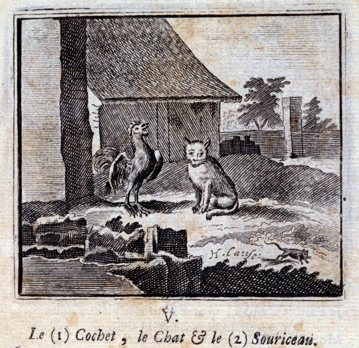 Koszet Kot i Mysz. Bajki Jean de La Fontaine (1621-95). Ilustracja autorstwa François Chauveau (1613-1676). Wydanie z 1728 r. autorstwa Francois Chauveau