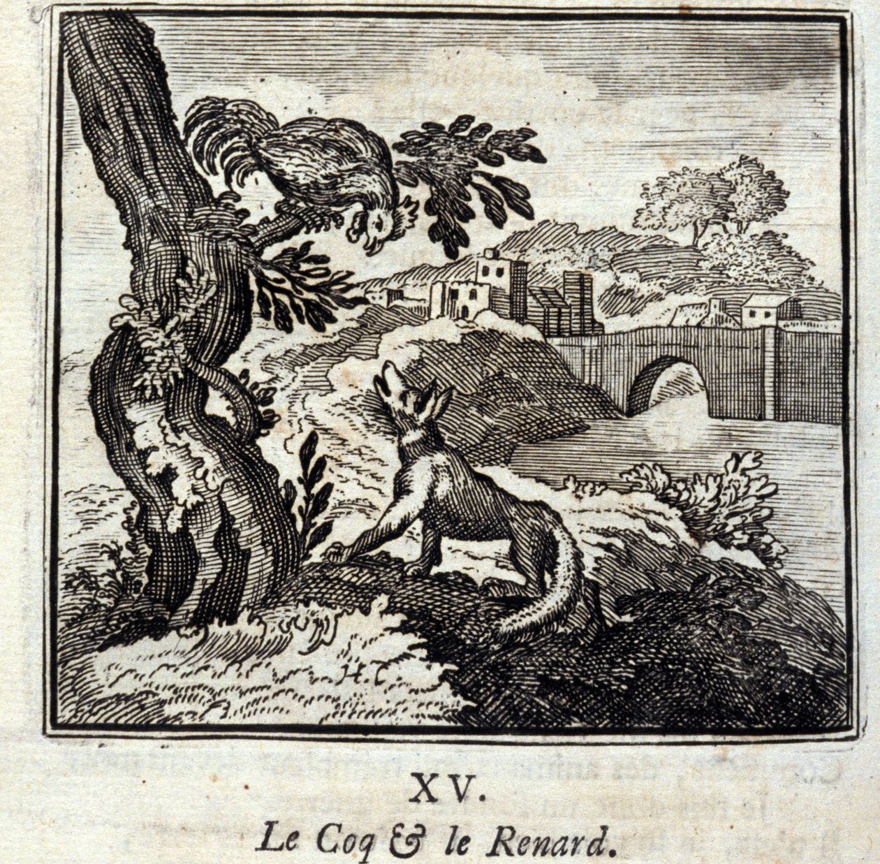 Coq i lis. Bajki Jean de La Fontaine (1621-95). Ilustracja Francois Chauveau (1613-1676). Wydanie z 1728 r. autorstwa Francois Chauveau