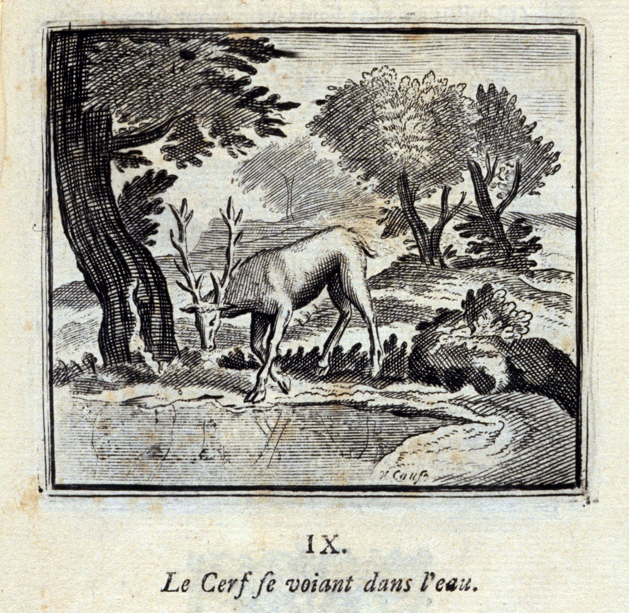 Jeleń widząc siebie w wodzie. Bajki Jean de La Fontaine (1621-95). Ilustracja François Chauveau (1613-1676). Wydanie z 1728 r. autorstwa Francois Chauveau