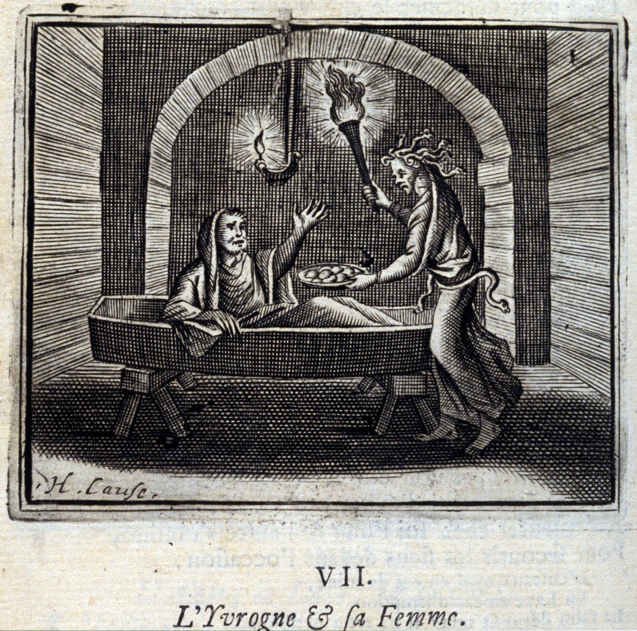 Pijany i jego żona. Bajki Jean de La Fontaine (1621-95). Ilustracja autorstwa François Chauveau (1613-1676). Wydanie z 1728 r. autorstwa Francois Chauveau