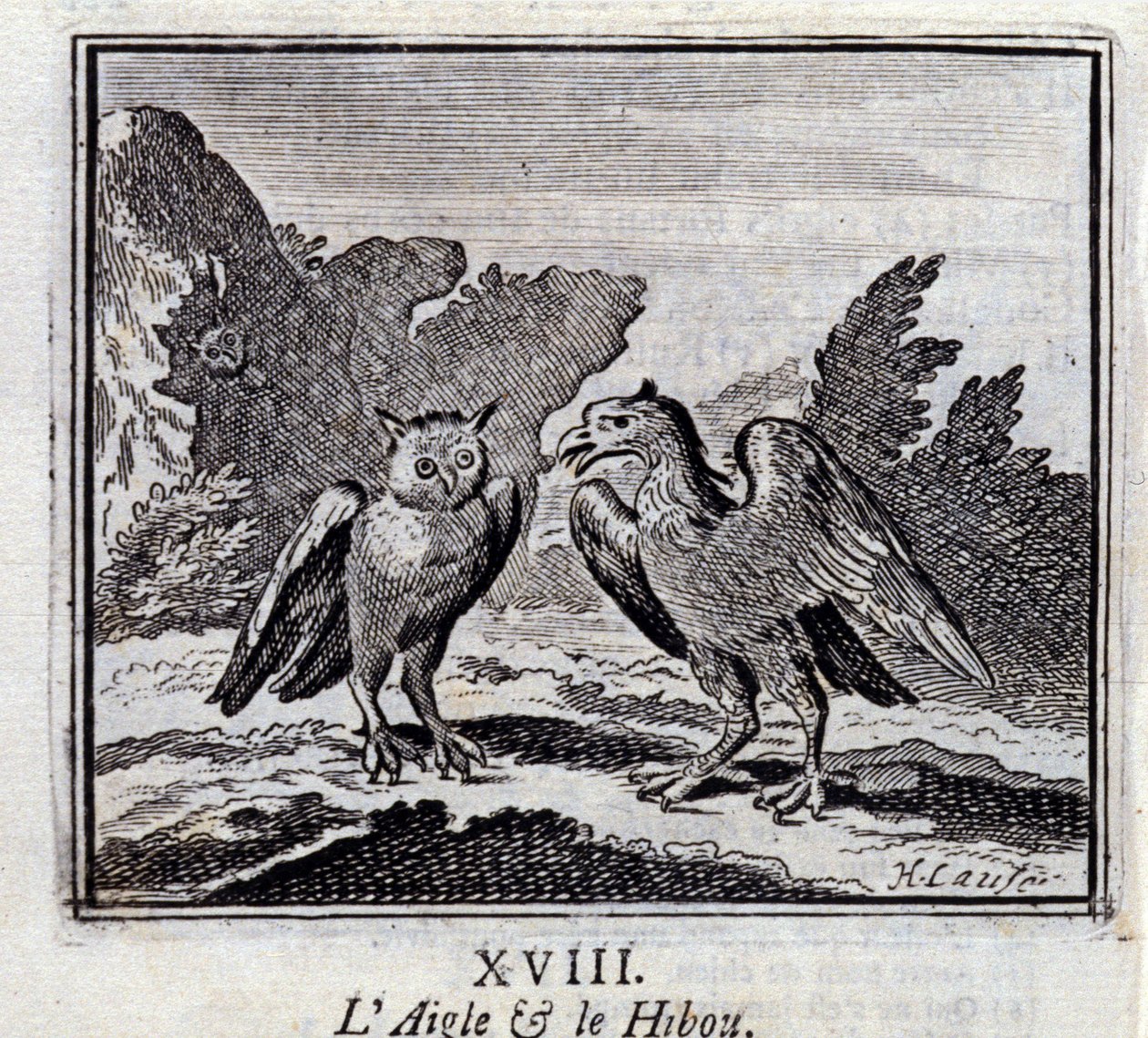 Orzeł i Sowa. Bajki Jean de La Fontaine (1621-95). Ilustracja François Chauveau (1613-1676). Wydanie z 1728 r. autorstwa Francois Chauveau