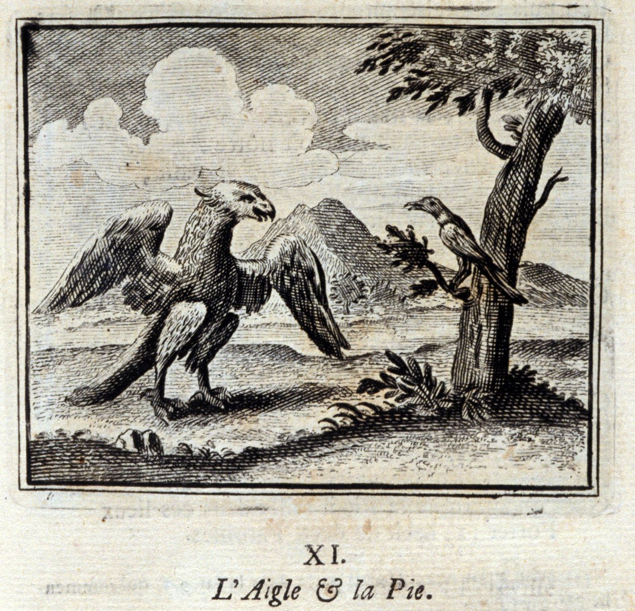 Orzeł i Pius. Bajki Jean de La Fontaine (1621-95). Ilustracja François Chauveau (1613-1676). Wydanie z 1728 r. autorstwa Francois Chauveau