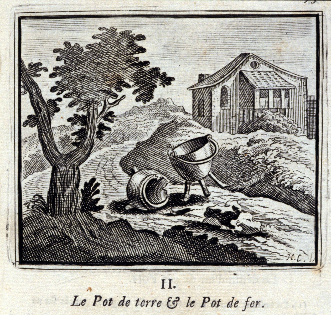 Garnek na ziemię i żelazny garnek. Bajki Jean de La Fontaine (1621-95). Ilustracja François Chauveau (1613-1676). Wydanie z 1728 r. autorstwa Francois Chauveau